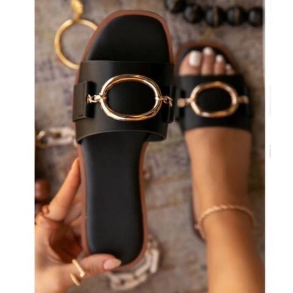 !! NEW !! Slide Sandals with Gold Detail in Black